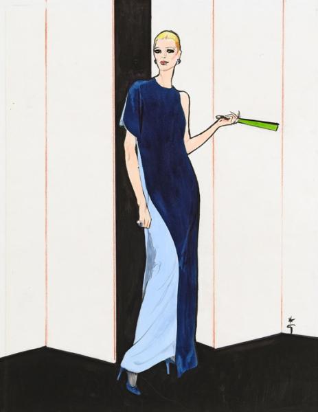 Robe bleue, éventail vert. Projet de mode pour la maison Grès, 1981.